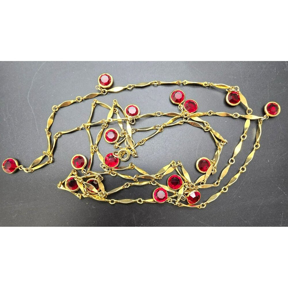 Vintage Gold-Tone Long Necklace W/ Red Glass Stone Accents 48" HS209